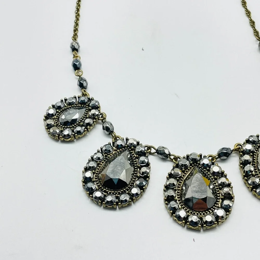Vintage Beaded Statement Necklace Black Gray Silver Tone Teardrop Bib